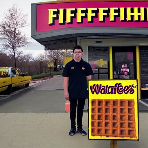 Image similar to wafflehouse employee's standing below wafflehouse sign