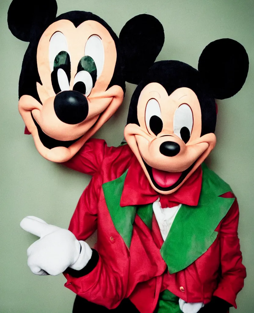 Prompt: ektachrome solo portrait of mickey mouse wearing scary joker makeup