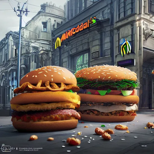 Image similar to mcdonalds, digital art, cosmic, 3 d high definition, trending on art station, photorealistic, high resolution, 8 k, octane, hyper detailed, insane details, intricate, elite, ornate, elegant trend, highly detailed and intricate, sharp focus, photography, unreal engine