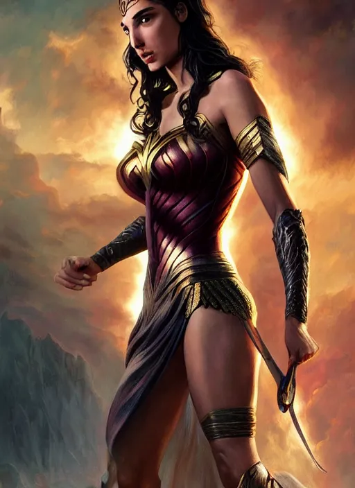 Image similar to Gal Gadot as Hell Lord, full body shot, epic, fantasy, intricate, elegant, volumetric lighting, highly detailed, digital painting, 4k, HDR, concept art, smooth, sharp focus, illustration, art by artgerm and alex ross and alphonse mucha and Adam Hughes