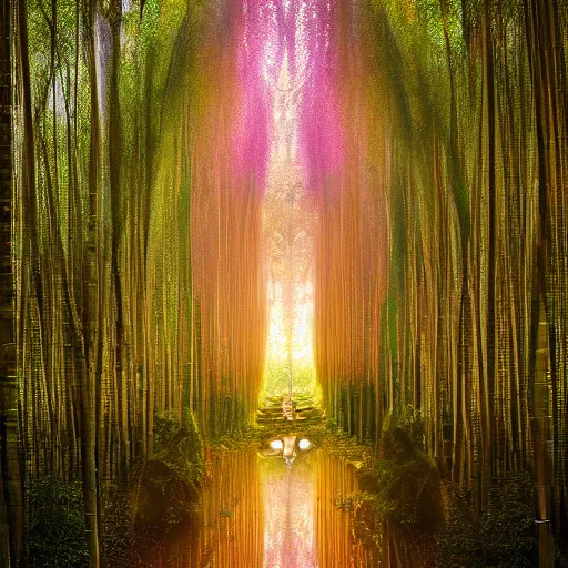 Prompt: sacred chiniese monastry in an pink and yellow bamboo forrest underneath a epic waterfall of light, high definition, detailed, fotorelastic,Zhang Jianbang, trending on artstation,