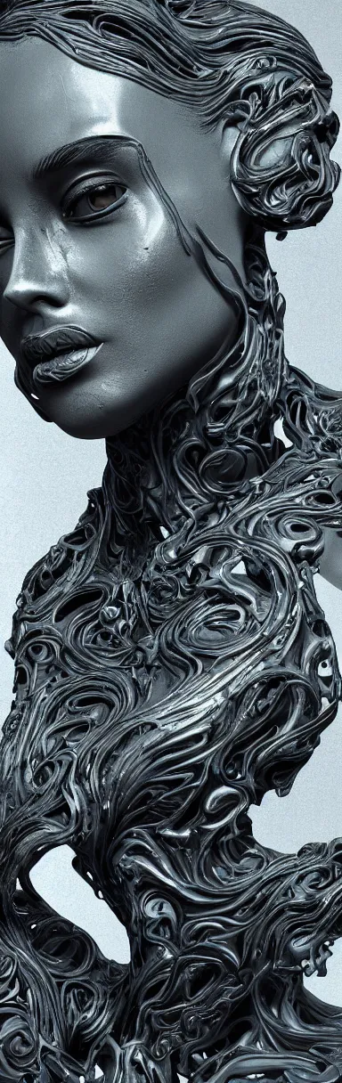 Image similar to epic illustration, digital abstract sculpt of beautiful female face silhouette and black swirling concrete acrylic portrait, black latex sculpt, octane render, mechanical superstructure, sacred geometry, glowing edges, magic hour, beautiful light, sculpture of carving marble, dark colors, dark mood, one point light, clockwork, epic matte painting, concept art, bokeh, digital painting, artstation