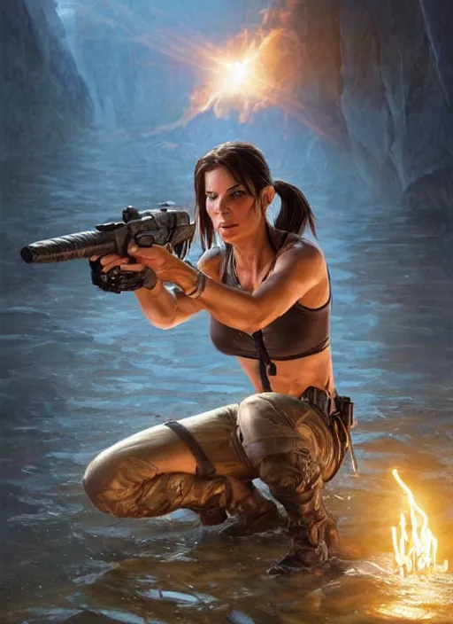 Prompt: Sandra Bullock as Lara Croft as a ruggedly handsome heroine kneeling next to a glowing artifact lodged in shallow water, intricate, elegant, highly detailed, artstation, concept art, smooth, sharp focus, illustration, bokeh art by artgerm and donato giancola and Joseph Christian Leyendecker, WLOP, fireflies