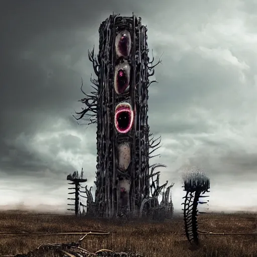 Prompt: giant evil bio-organic fleshy complex machine tower with tendrils and one eyeball at the top looking over a stormy post-apocalyptic wasteland, dystopian art