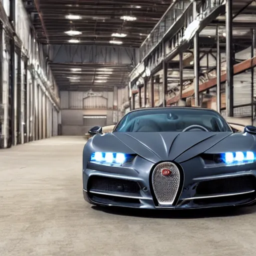 Image similar to an abandoned, derelict, rusty bugatti chiron in a dirty warehouse