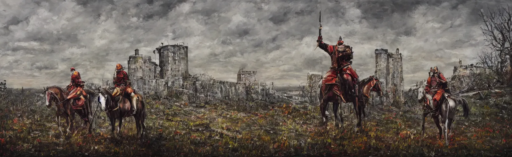 Prompt: horseback knights at scenic overlook; cloudy, grey skies, walled fort city deteriorating office buildings in background on hill; forest; la Bastille, post apocalyptic, grungy; oil on canvas, colorful, artstation