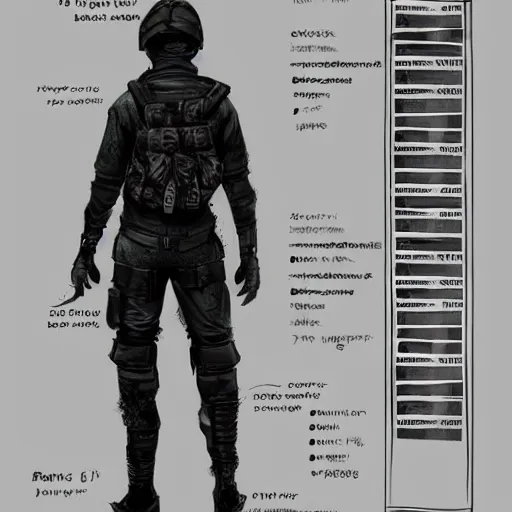 Image similar to ryan church concept art sketch cyberpunk solider black cloth character reference sheet