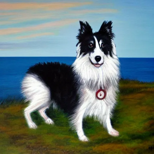 Prompt: A black and white Sheltie on a bluff in Orkney. Acrylic on canvas