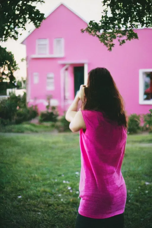 Image similar to photography, close-up of woman from behind looking at weird pink house, daylight, 35mm