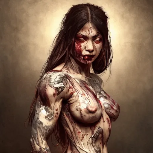 Prompt: portrait painting of a muscular bloodied dark nepali female butcher back, tattooed, scars, ultra realistic, concept art, intricate details, eerie, highly detailed, photorealistic, octane render, 8 k, unreal engine. art by artgerm and greg rutkowski and alphonse mucha