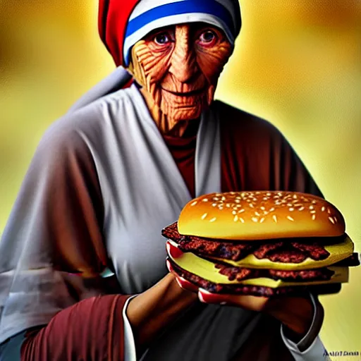 Prompt: portrait of mother teresa eating hamburgers, extra onions and ketchup, luscious patty with sesame seeds, feminine ethereal, handsome, d & d, fantasy, intricate, elegant, highly detailed, digital painting, artstation, concept art, matte, sharp focus, illustration, art by artgerm and greg rutkowski and alphonse mucha