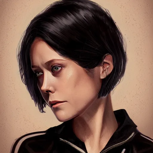 Prompt: a woman who looks like a mixture between Elizabeth Olsen, Mary Elizabeth Winstead and young Sigourney Weaver, black bob hair, wearing beige and black utilitarian jumpsuit, scifi, highly detailed portrait, digital painting, artstation, concept art, smooth, sharp focus, illustration, ArtStation HQ