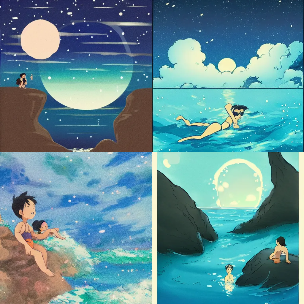 Prompt: a swim in the sea at night, in the style of Studio Ghibli
