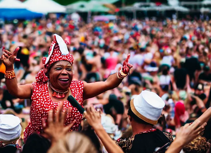 Prompt: photo still of aunt jemima in period attire at vans warped tour!!!!!!!! at age 4 0 years old 4 0 years of age!!!!!!! on stage diving into the crowd, 8 k, 8 5 mm f 1. 8, studio lighting, rim light, right side key light