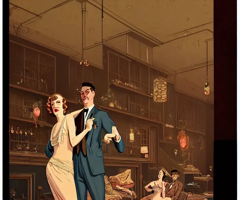 Prompt: a beautiful classy partying couple, dimly lit upscale 1920s speakeasy, relaxed pose, art deco, detailed painterly digital art style by Geof Darrow, retro vibe, 🍸, 8k octane beautifully detailed render, post-processing, extremely hyperdetailed, intricate, epic composition, grim yet sparkling atmosphere, cinematic lighting + masterpiece, trending on artstation, very detailed, vibrant colors, Art Nouveau, masterpiece, romanticism