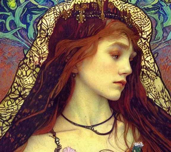 Image similar to detailed realistic beautiful young medieval queen face portrait by jean delville, alphonse mucha, vincent van gogh, and marco mazzoni, art nouveau, symbolist, visionary, gothic, pre - raphaelite