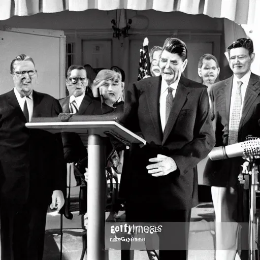 Image similar to claymation press conference ronald reagan unveiling first dinosaur born in united states outside the white house