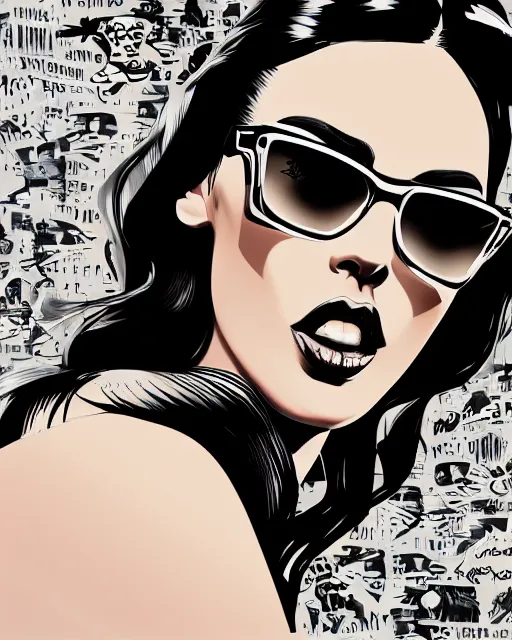 Prompt: closeup portrait of film noir angry megan fox in a bikini wearing ray ban sunglasses, china town blade runner, glamour pose, detailed illustration, digital art, trending on artstation, arney freytag, film noir, alberto vargas, patrick nagel, graffiti, gta v,