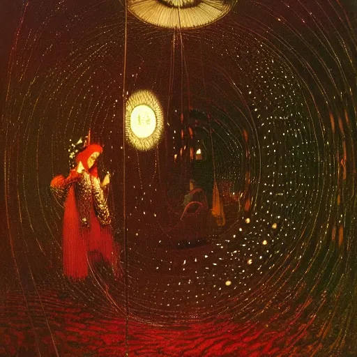 Image similar to A kinetic sculpture. A rip in spacetime. Did this device in her hand open a portal to another dimension or reality?! Hadean by John Atkinson Grimshaw riotous