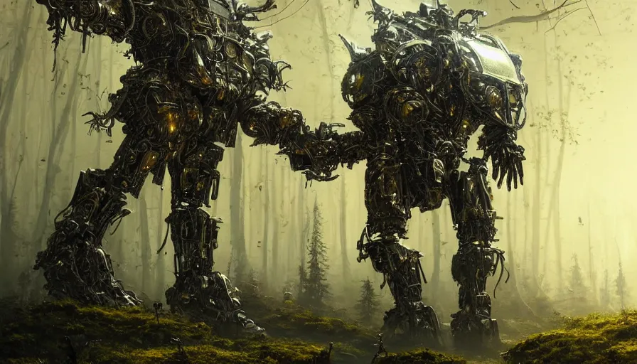 Image similar to large walking mech covered in gold and silver armor with elden ring aesthetic, covered in moss and birds, glowing lights, beautiful forests and trees, intricate detail, epic wallpaper, art by darek zabrocki and John Park and Feng Zhu and Jason Chan, trending on artstation, masterpiece.