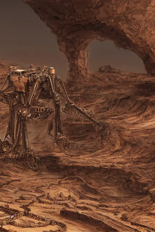 Image similar to industrial minning entrance in a quarry in the middle of the desert of Mars planet at night dust storm concept art by yoshitaka amano and H.R. Giger, intricate detail, 8k, featured art