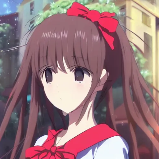 Prompt: girl with red ribbons in her hair, anime, kyoto animation, magical