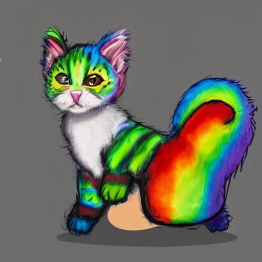 Image similar to wide angle full body, of a fluffy cute rainbow kitten wearing a black leather motorcycle jacket, concept art