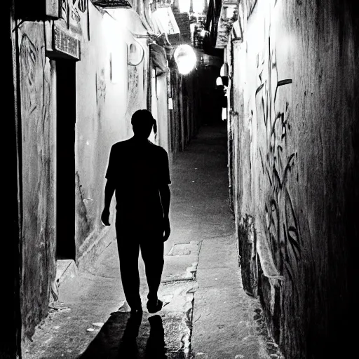 Image similar to a detailed photo of a lonely man walking down a claustrophobic narrow street at night with neon signs, graffiti in kolkata, india in the style of ansel adams, man ray