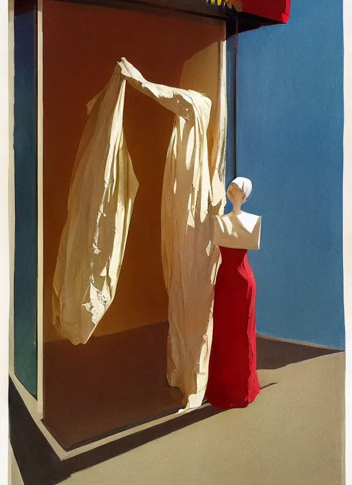 Image similar to woman in dress made from plastic bag with paper bags for clothes standing inside paper bags with paper bag over the head at store display Edward Hopper and James Gilleard, Zdzislaw Beksinski, highly detailed