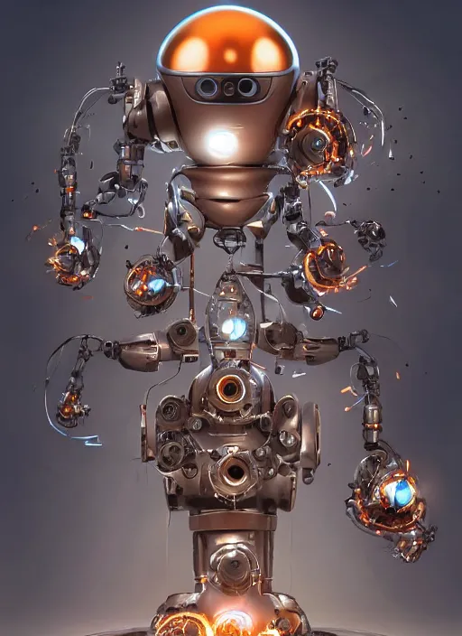 Prompt: A robot in front of Machines holding a robotic egg, pirayas swimming in the air, copper and gears. Artwork by Brian Despain and artgerm. Artstation. unreal engine. Hyperrealistic