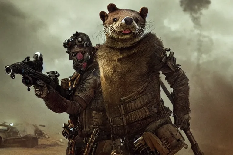 Image similar to a good ol'otter fursona ( from the furry fandom ), heavily armed and armored facing down armageddon in a dark and gritty version from the makers of mad max : fury road. witness me.