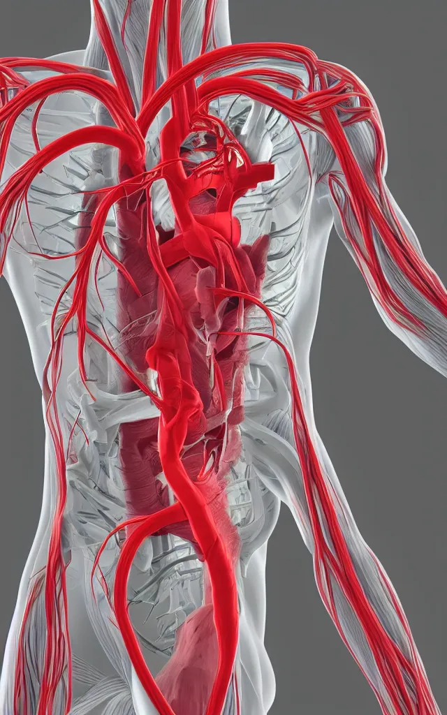 Image similar to intricated scientific medical 3d animation of the muscles and veins of a heart arteries with a heart in their hands photography 3d octane plastic render greenchromakey plastic rim light