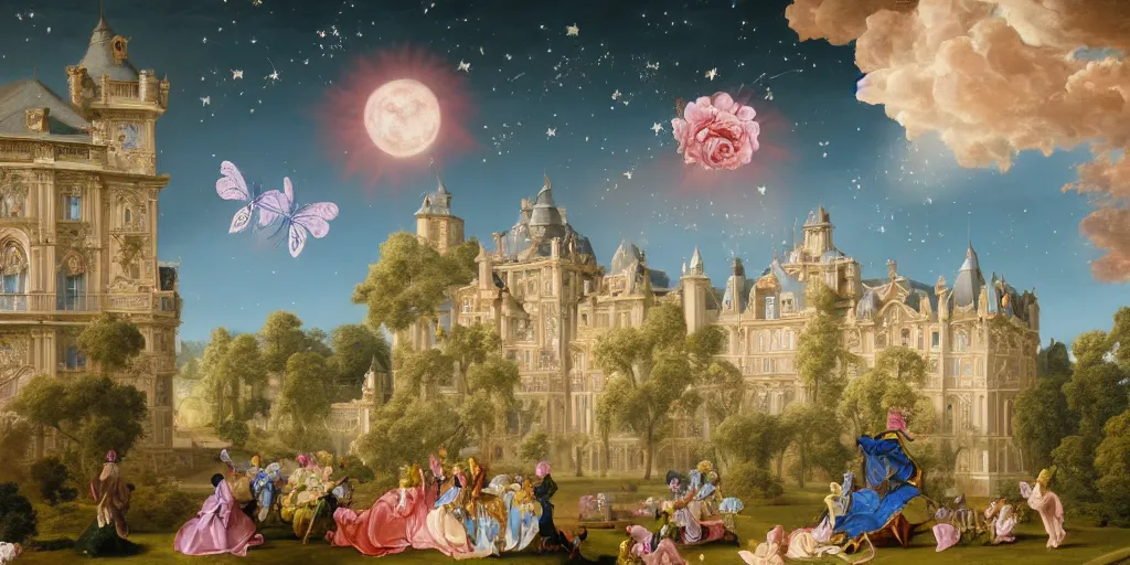 Prompt: rococo painting of a castle, pastel roses and blue butterflies in the foreground, night time, the moon on the top right, shooting star, volumetric lighting, realistic, fantasy, pastel, symmetrical, digital painting, in the style of kehinde wiley, alphonse muca, artem demura