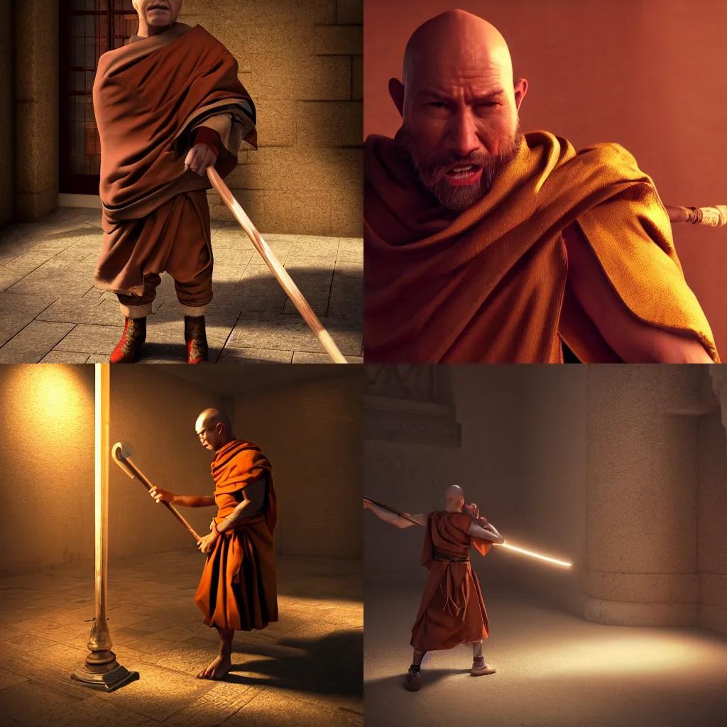 Prompt: short DND monk man with a staff greased up, hyper realism, dramatic ambient lighting, cinematic, high detail, 8k, octane render, depth of field