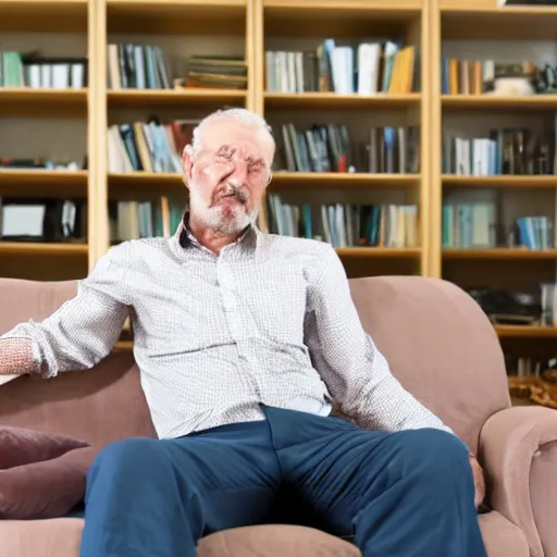 Prompt: mature man is sitting gracefully on a sofa