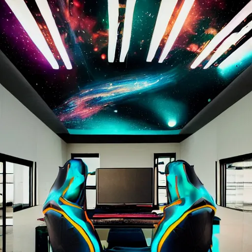 Image similar to impressive photography of gaming chairs flying through space, moody, colorful