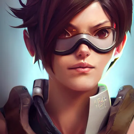 Image similar to a highly detailed portait of tracer from overwatch as nier automata cain, digital art, pretty face, muscular, very beautiful face, very detailed eyes, 8 k resolution, digital painting, by james gurney wlop, greg rutkowski, full body