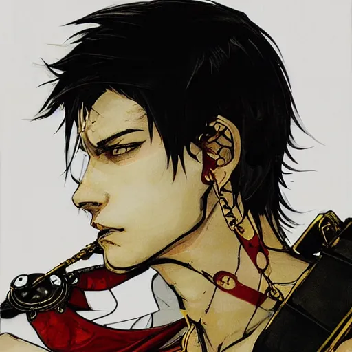 Image similar to portrait of a young white hero using his right arm to hold his sword covering his eye illustrated by yoji shinkawa, high quality, extra details, realism, ornate, colored, golden chain, blood, white skin, short hair, brown eyes, vivid, sunlight, red headband, black eyepatch, white american soldier, painting, cybernetics, military