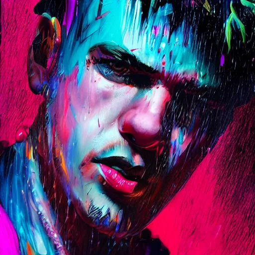 Image similar to splashes of neon, mowhawk, punk portrait made out of paint with rain in the background, trending on artstation, epic composition, emotional, beautiful, rendered in octane, highly detailed, realistic, tim burton comic book art, sharp focus, matte painting