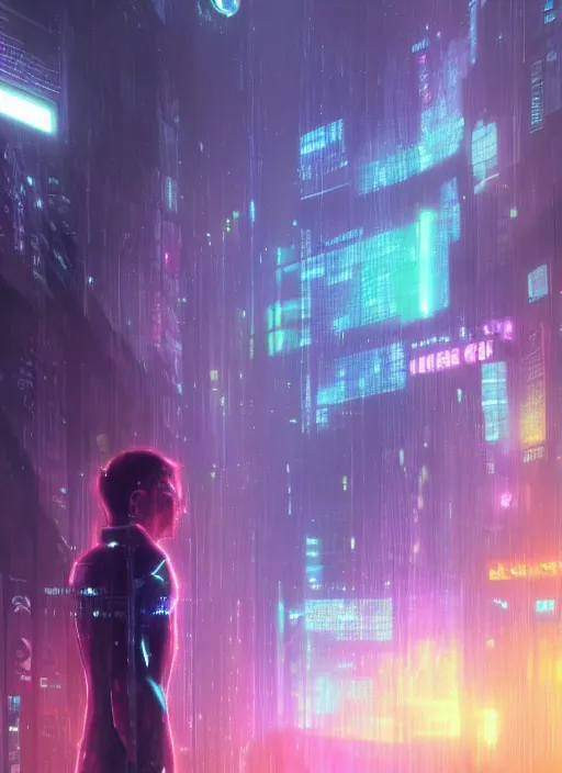 Image similar to one cyber godly person made of cosmic nebula galaxy energy watching a rainy colorful complex cyberpunk futuristic holographic city from behind at night through a window in a room, reflections, 8 k, photorealistic, concept art, wet, highly detailed, cinematic mood by ridley scott, ghost in the shell, trending on artstation, glowing and epic