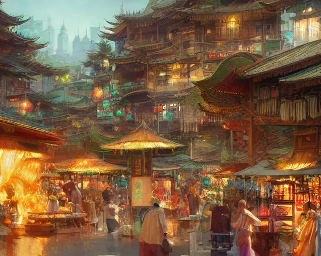 Image similar to colorful, bustling marketplace in a great kitsune city, bamboo, fountain, a fantasy digital painting by Greg Rutkowski and James Gurney, trending on Artstation, highly detailed