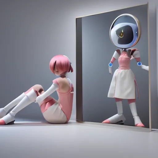 Image similar to cute fumo plush of a plastic shining robot girl in the mirror looking at reflection, not the same person, anime, vray, asymmetry