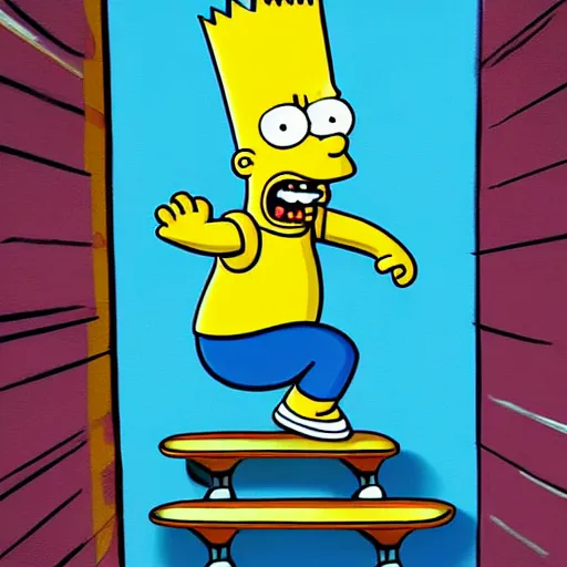 Prompt: Bart Simpson skateboarding down the stairs, digital art, RHADS