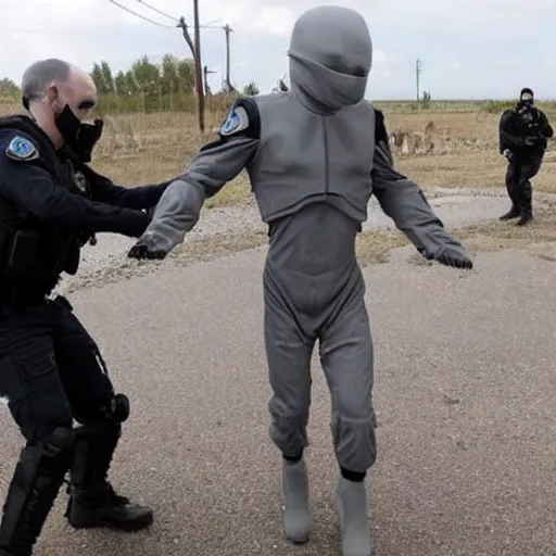 Image similar to a grey alien being arrested by russian special forces