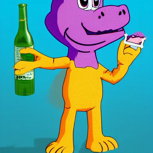 Image similar to fullbody!! barney the dinosaur from the kid's show holding a broken bottle, absurdist, hyperrealistic, digital art