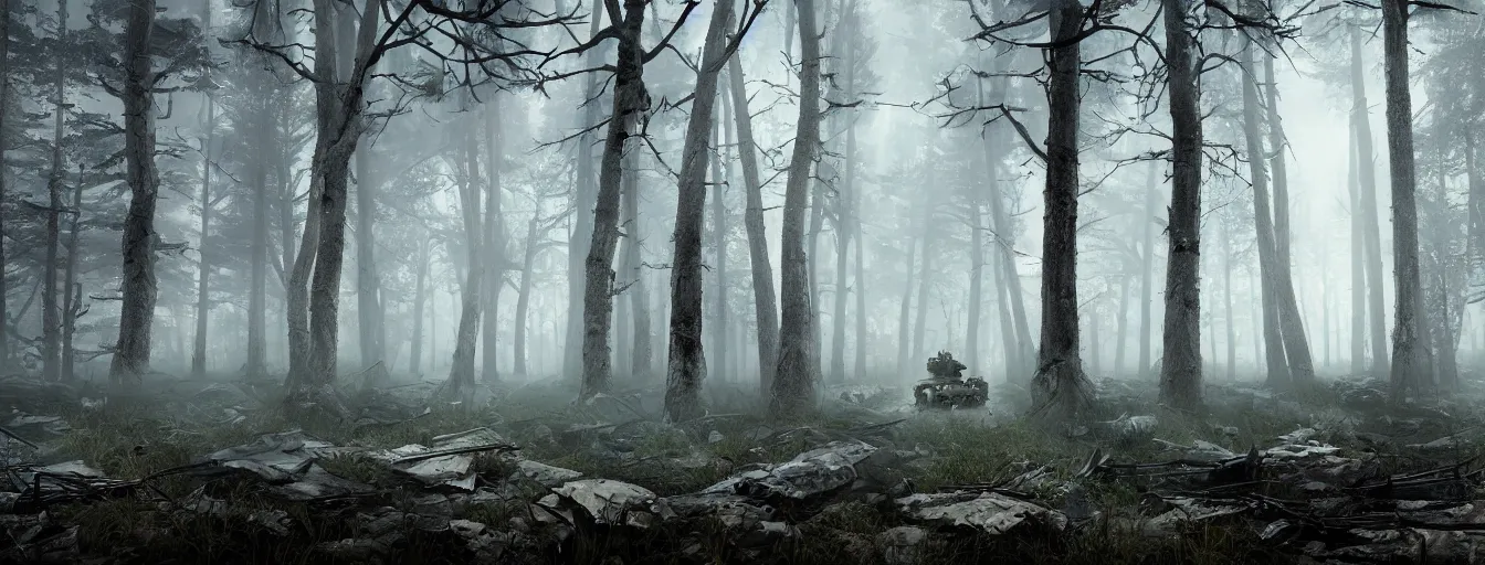 Prompt: dark foggy forest with military robots with volumetric loght searching for hidden human soldiers, postapocalyptic style, high detail, dramatic moment, motion blur, ground fog, dark atmosphere, saturated colors, by darek zabrocki, render in unreal engine - h 7 0 4