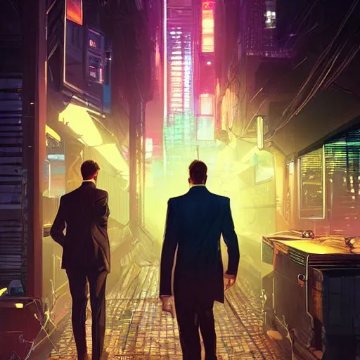 Image similar to two cyberpunk businessmen, detailed digital illustration by greg rutkowski, cyberpunk back alley, nighttime, colorful lighting, android netrunner