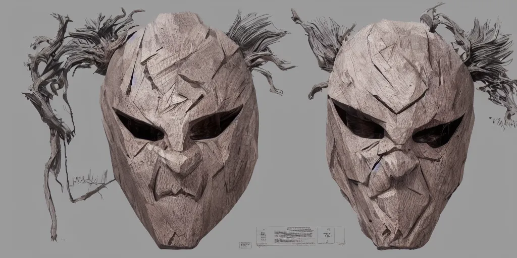 Prompt: wooden mask design, character sheet, Greg Rutkowski, Zabrocki, Karlkka, Jayison Devadas, trending on Artstation, 8K, ultra wide angle, zenith view, pincushion lens effect