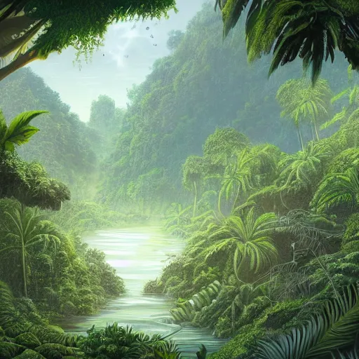 Prompt: view of a jungle planet with lush vegetation and rivers and a human colony, concept art, digital painting, still, highly detailed, intricate details, landscape