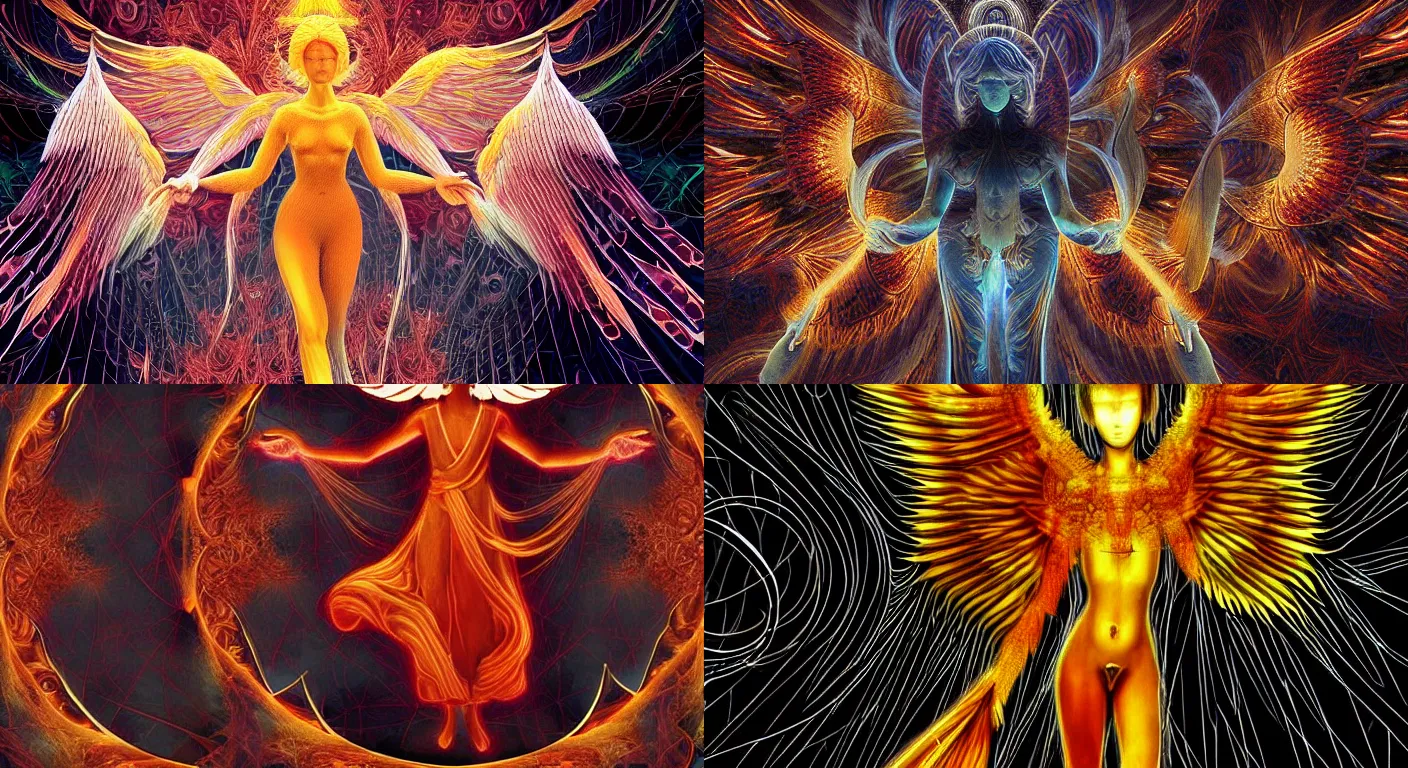 Prompt: angelic fiery seraphim, infinite dream of all mystical human fractal consciousness experiencing itself subjectively, highly detailed, cinematic, dramatic, sublime